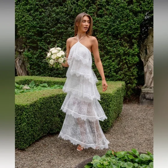 elliatt evelin white lace halter bridal ruffle tiered maxi gown dress medium NEW - Picture 15 of 15
